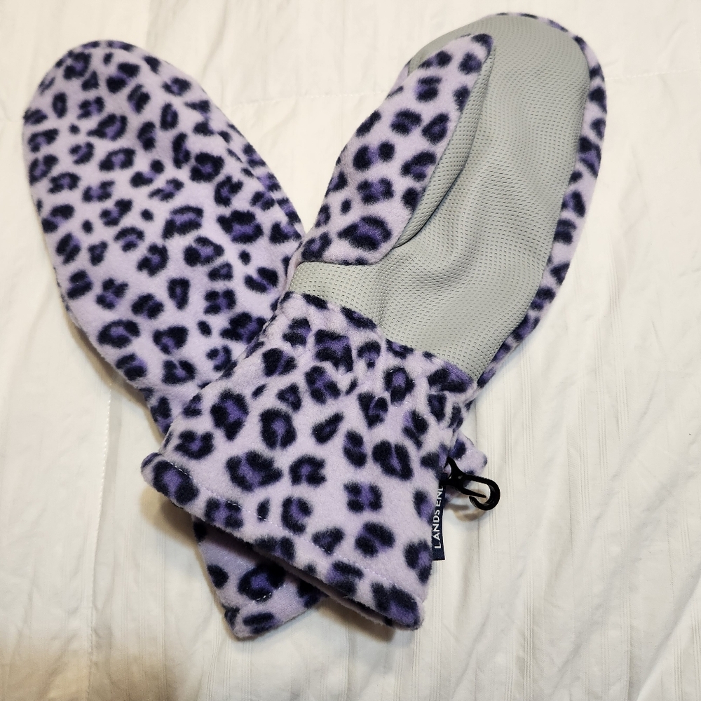 Lands End Kids Purple Leopard Print Mittens Size Large